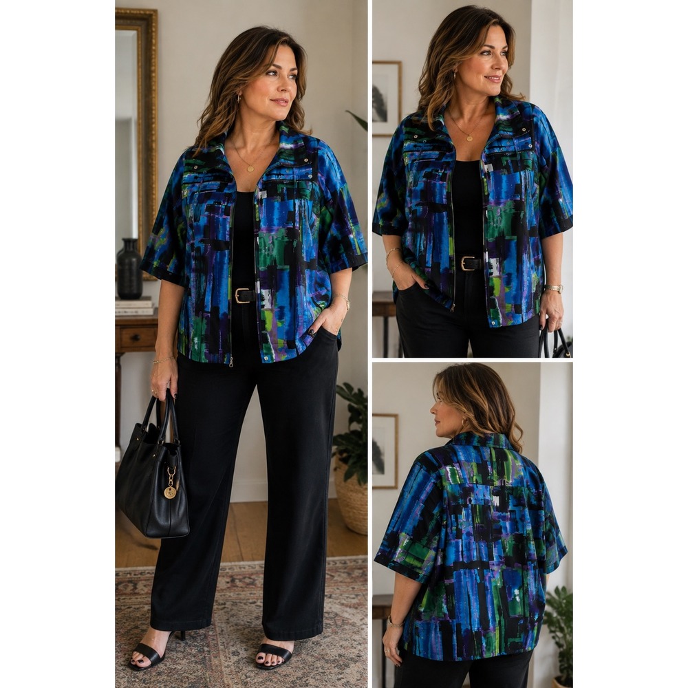 Peck & Peck Weekend Abstract Print Zip Up Jacket Blue Green Large RN 106306